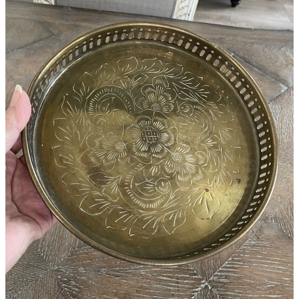 Vtg Brass Tray Etched Floral Design Reticulated Sides Boho 8.25" D